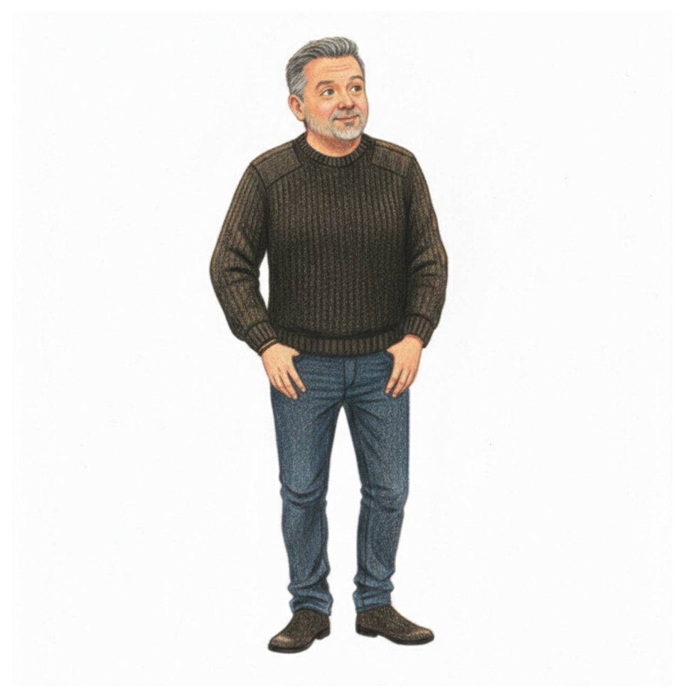 A gray-haired man in a sweater and jeans, standing plainly against a white background
