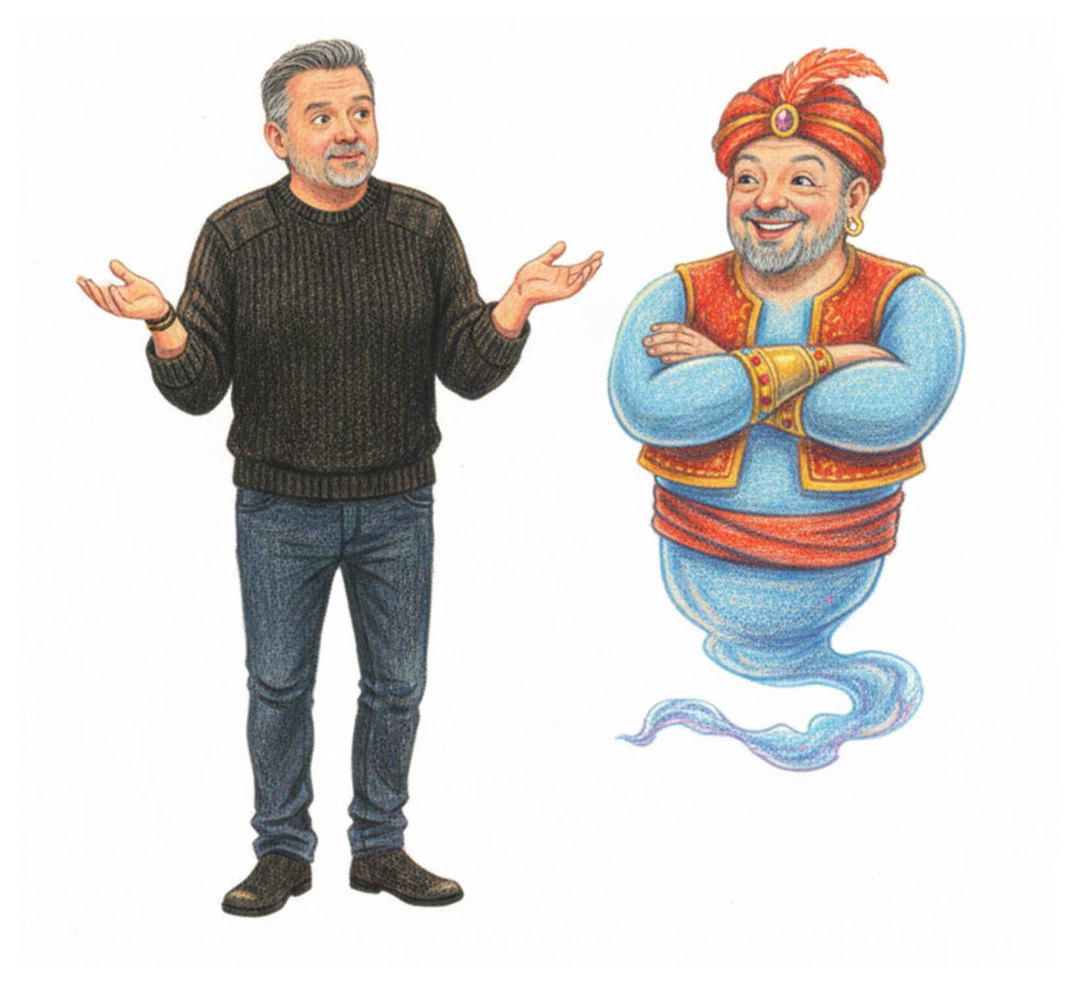The man shrugging with both hands open, a genie floating beside him with arms crossed, waiting