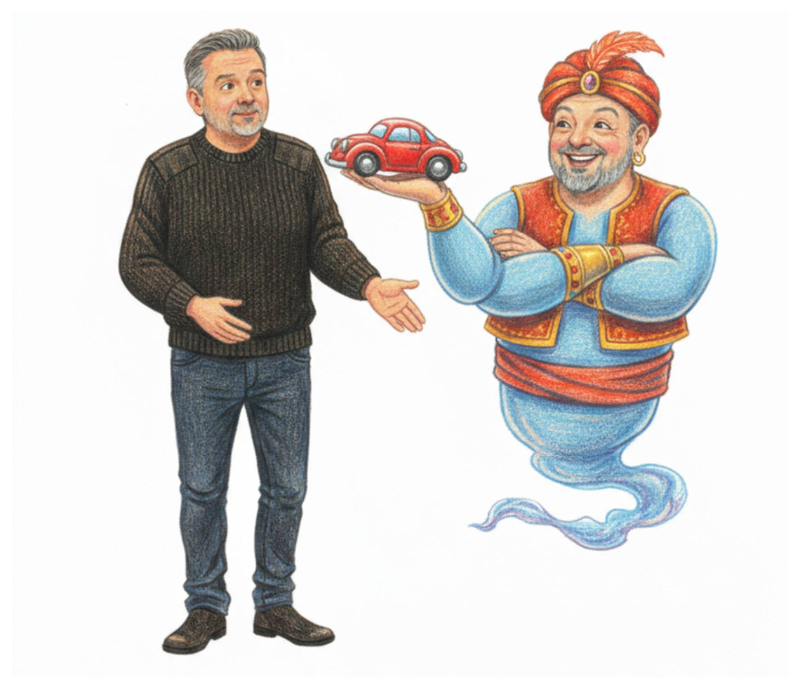 The genie holding a small red toy car on his open palm, offering it to the man