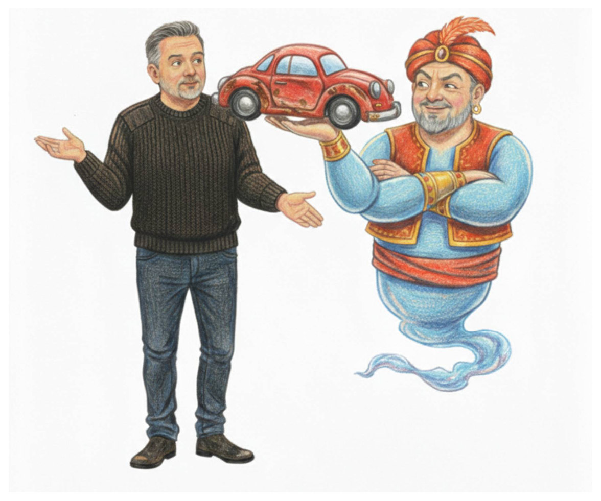The same toy car, now rendered rusty and weathered, still sitting on the genie's palm