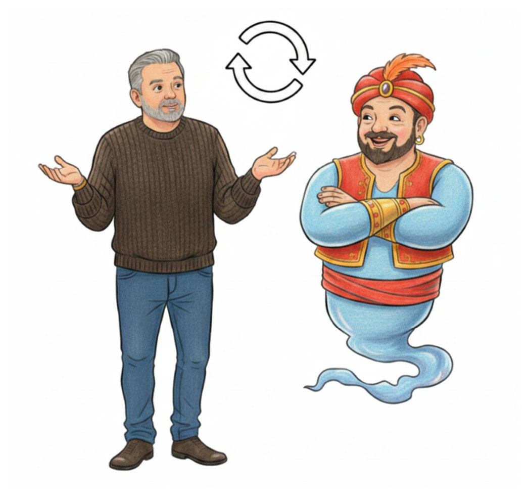 A refresh, or loop, icon hovering between the man and the genie, both about to try again