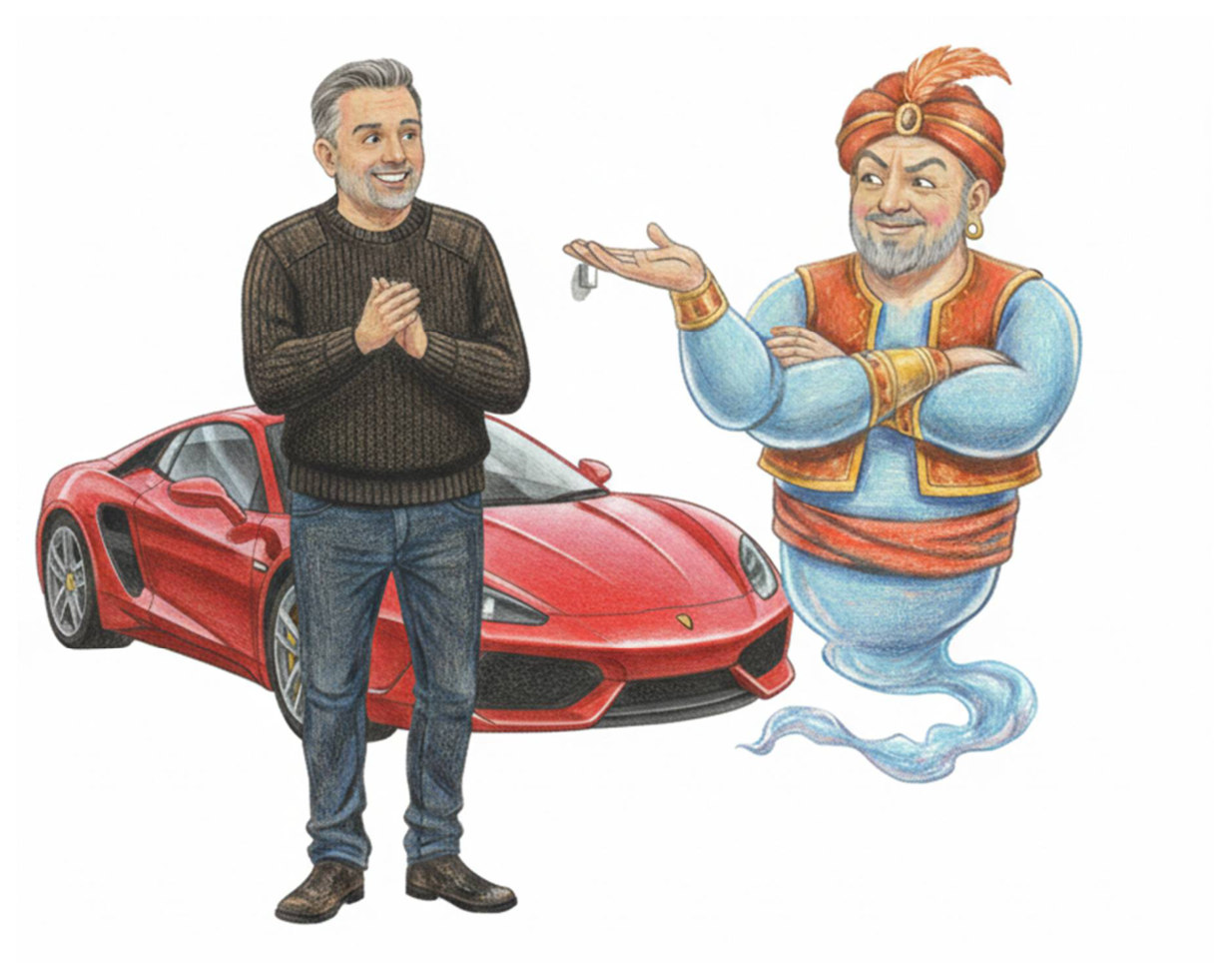 The genie handing over a set of keys, a red sports car parked behind him