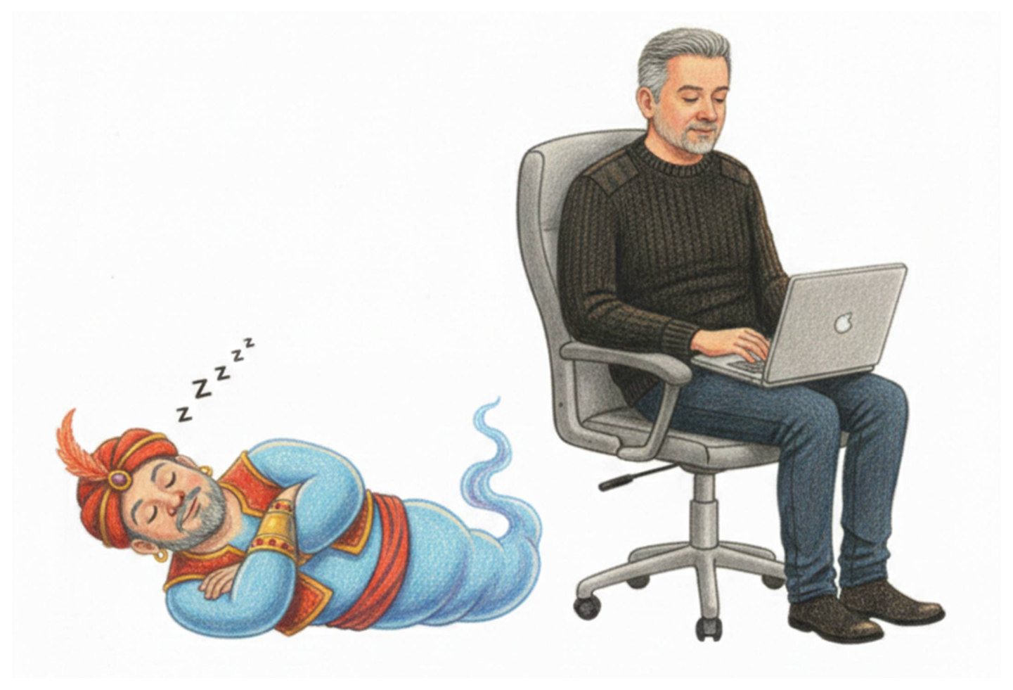 The genie asleep on the floor, snoring, while the man sits in an office chair working on his own laptop
