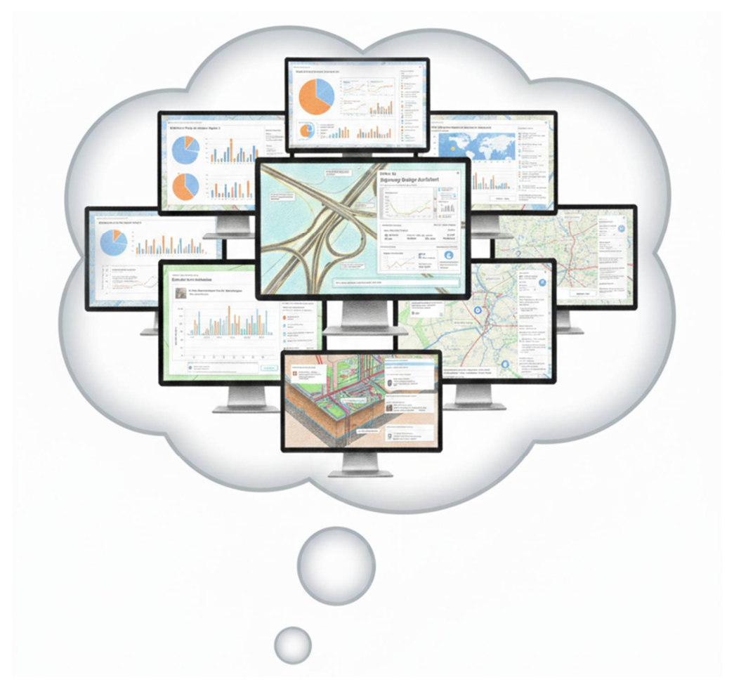 A thought cloud crowded with a dozen generic-looking dashboard screens, charts, and maps