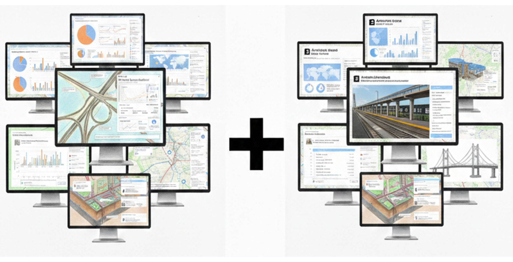 Two clusters of dashboard screens side by side, separated by a plus sign, one generic and one specific to a highway interchange