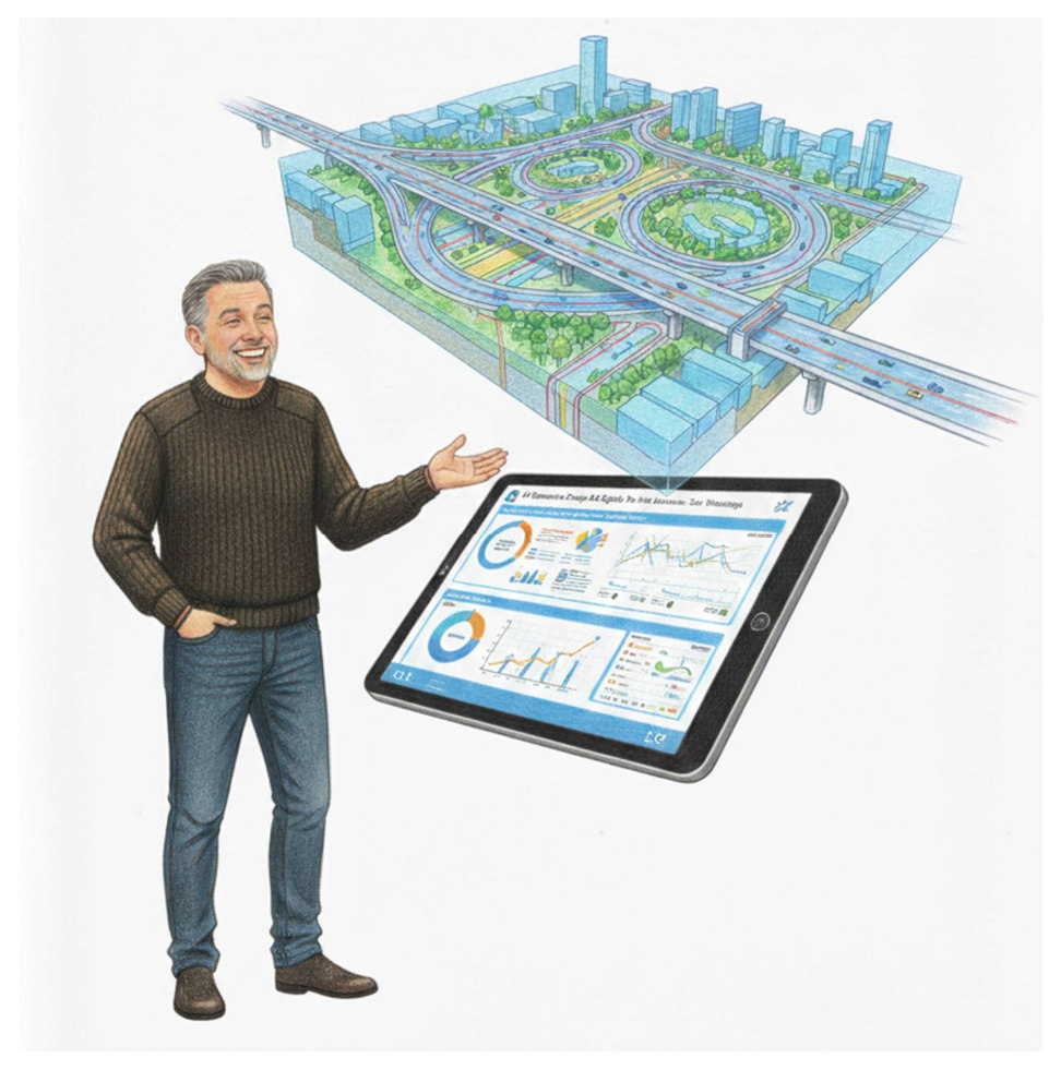 The man smiling, presenting a tablet showing a clean traffic and intersection dashboard, with a 3D isometric interchange rendered above him