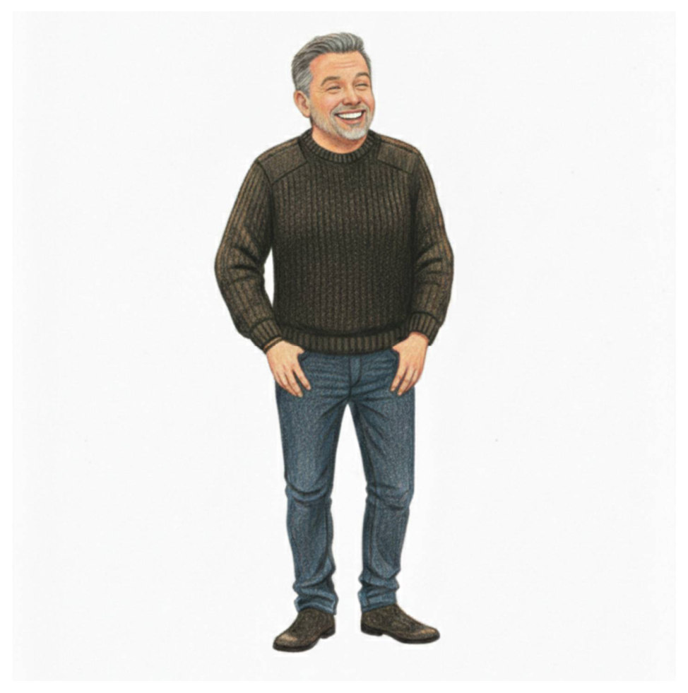 The man smiling broadly, satisfied